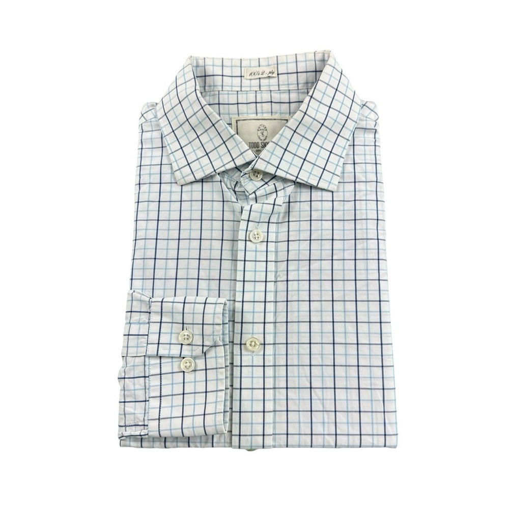 Todd Snyder Mens White Blue Grid Check 100s 2 Ply Dress Shirt Size 16 34/35